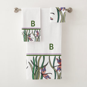 Cute Pink Blue Dragonflies and Green Leaves Bath Towel Set