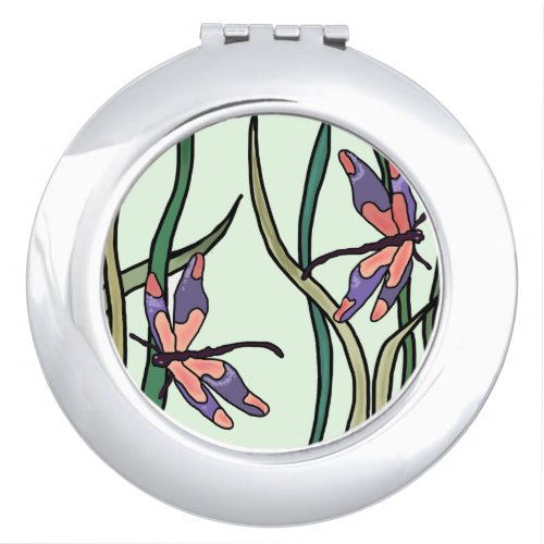 Cute Pink Blue Dragonflies and Green Leaves Compact Mirror