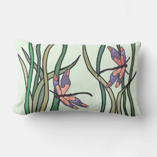 Cute Pink Blue Dragonflies and Green Leaves Lumbar Pillow