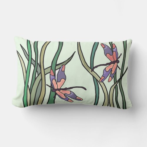 Cute Pink Blue Dragonflies and Green Leaves Lumbar Pillow