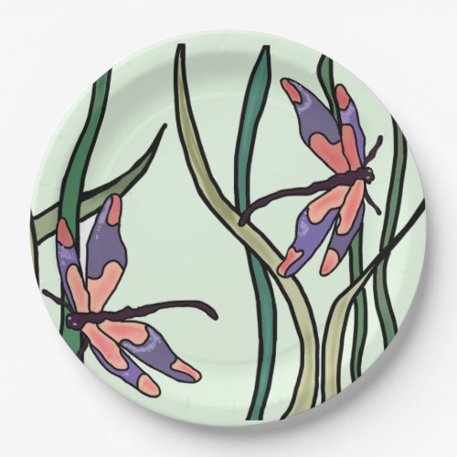 Cute Pink Blue Dragonflies and Green Leaves Paper Plates