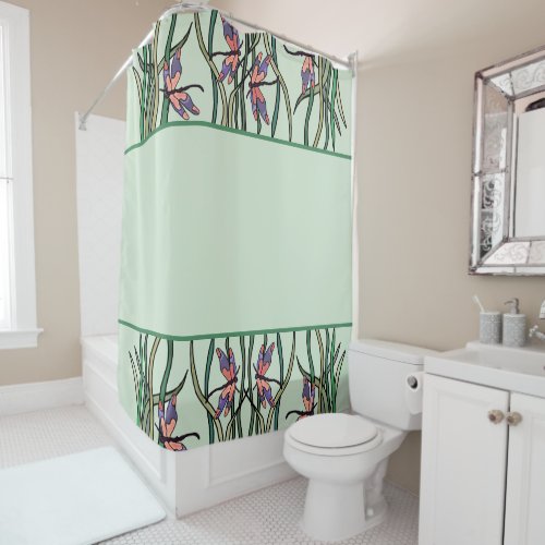 Cute Pink Blue Dragonflies and Green Leaves Shower Curtain