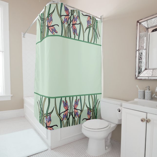 Cute Pink Blue Dragonflies and Green Leaves Shower Curtain (In Situ)