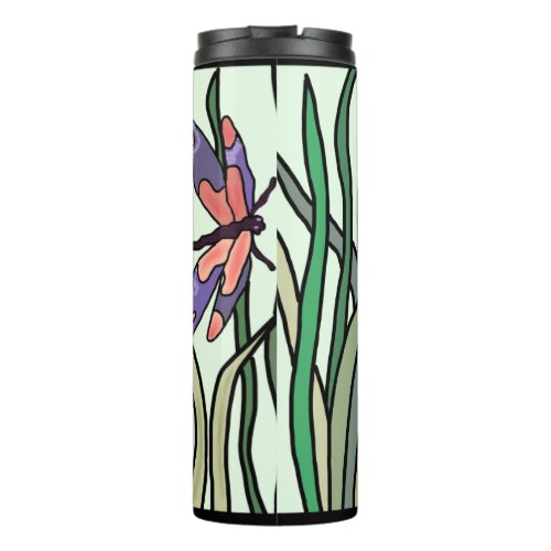 Cute Pink Blue Dragonflies and Green Leaves Thermal Tumbler