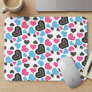 Cute Pink & Blue Filigree Lace Hearts Pattern Mouse Pad