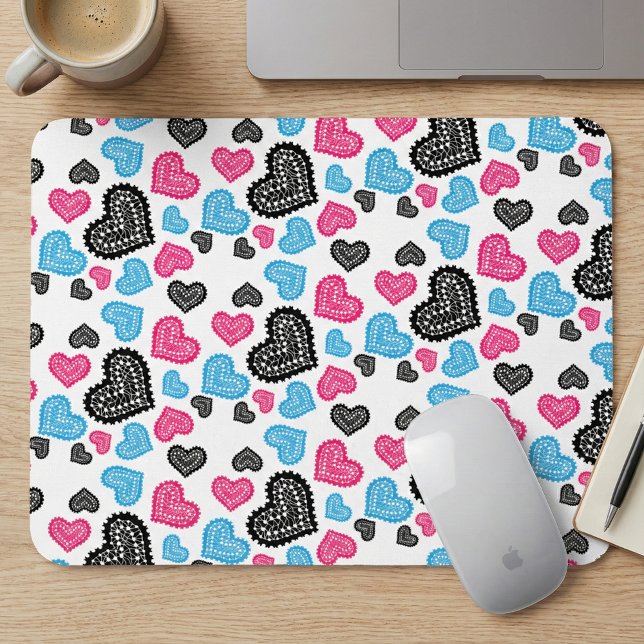 Cute Pink & Blue Filigree Lace Hearts Pattern Mouse Pad (Creator Uploaded)