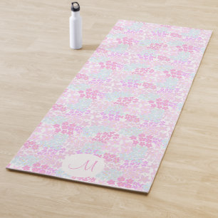 Cute Pink Blue Floral Custom Monogram Colorful Yoga Mat