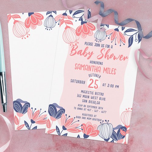 Cute Pink Blue Flowers Botanical Baby Shower Invitation