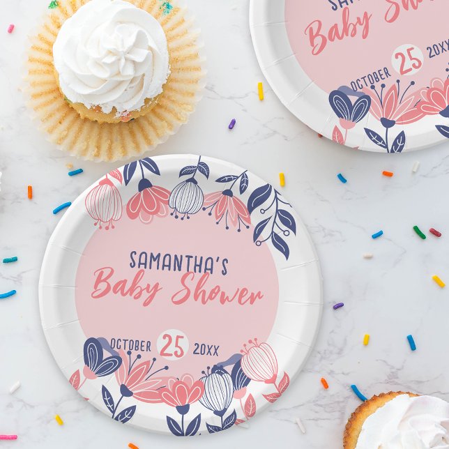 Cute Pink Blue Flowers Botanical Baby Shower Paper Plates (Creator Uploaded)