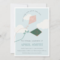 Cute Pink Blue Flying Kite Sky Clouds Birthday