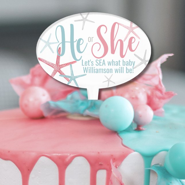 Cute Pink Blue Gender Reveal Party Cake Topper (Cute Pink Blue He She Summer Gender Reveal Party Cake Topper)