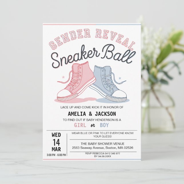 Cute pink blue gender reveal sneaker ball invitation (Standing Front)