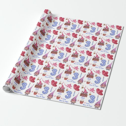 Cute Pink Blue Girl Gnome Three Year Old Birthday Wrapping Paper