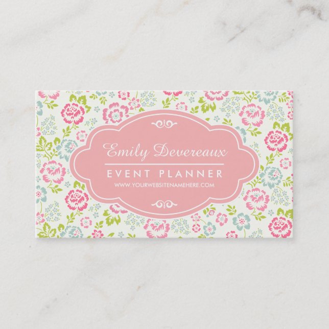 Cute Pink & Blue Girly Floral Personalized Business Card (Front)