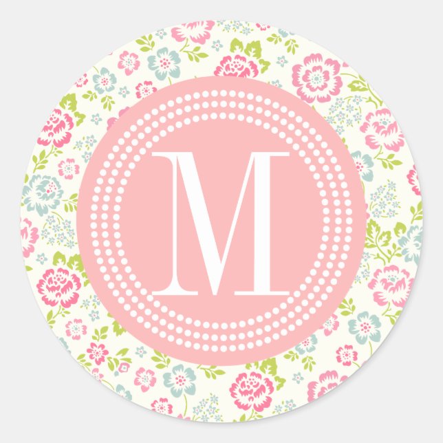 Cute Pink & Blue Girly Floral Personalized Classic Round Sticker (Front)