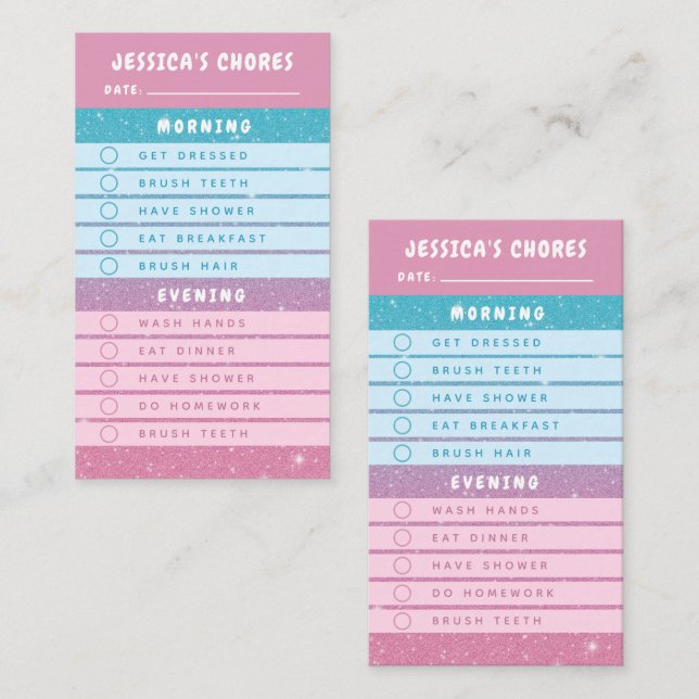 Cute Pink Blue Glitter Kids Daily Chores Business Card (Front/Back)