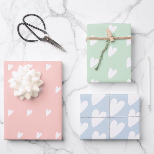 Cute Pink Blue Green Hearts Wrapping Paper Sheets