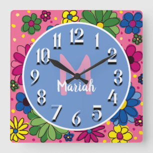 Cute Pink Blue Green Yellow Floral Monogram Square Wall Clock