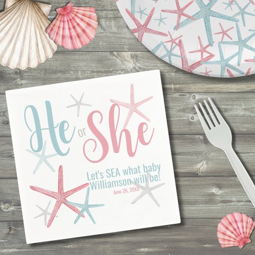 Cute Pink Blue He She Summer Gender Reveal Party Napkins