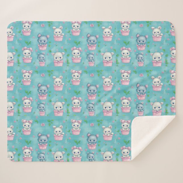 Cute Pink Blue Kittens in Flower Pots Sherpa Blanket (Front (Horizontal))