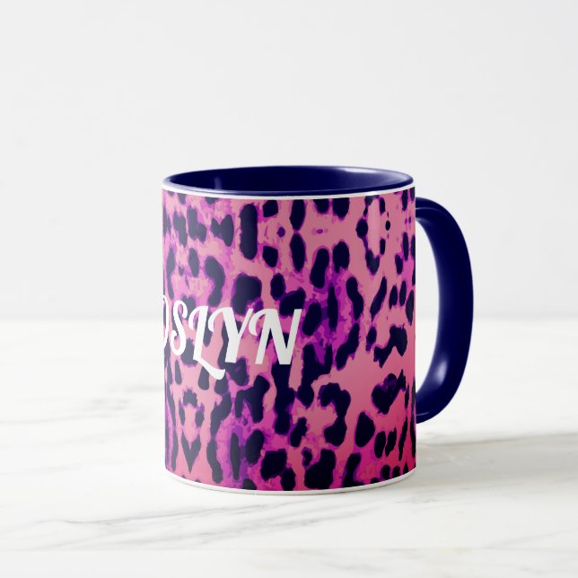 Cute Pink & Blue Leopard Animal Print Name Mug (Front Right)