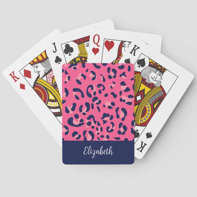 Cute Pink Blue Leopard Print Name Poker Cards (Back)