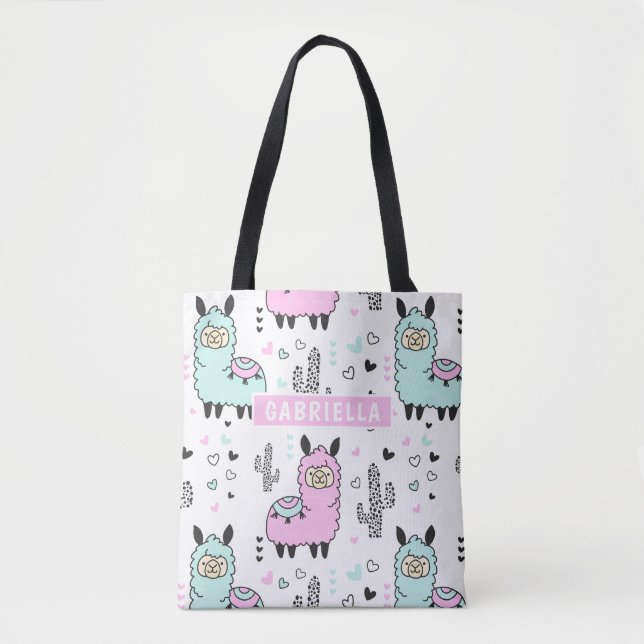 Cute Pink & Blue Llama Tote Bag (Front)