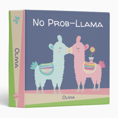 Cute pink blue llamas kawaii back to school name 3 ring binder