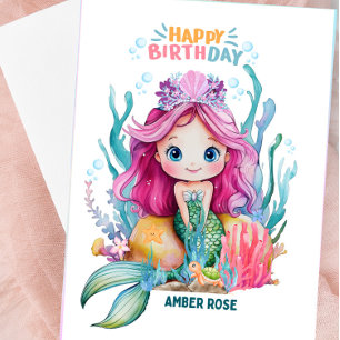 Cute Pink & Blue Mermaid Birthday Card For Girls