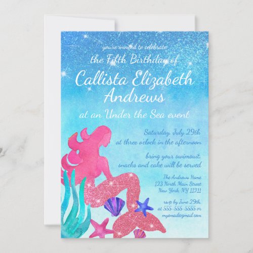 Cute Pink Blue Mermaid Glitter Watercolor Birthday Invitation