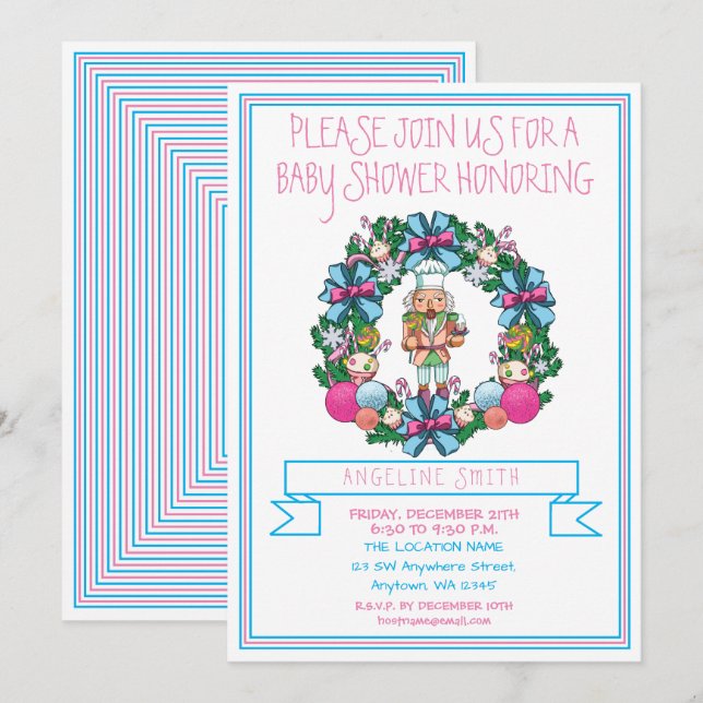 Cute Pink Blue Nutcracker Wreath Baby Shower Invitation (Front/Back)