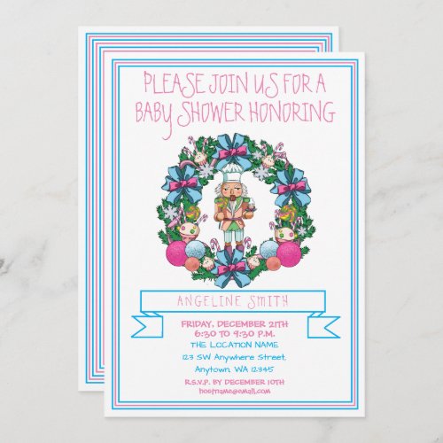 Cute Pink Blue Nutcracker Wreath Baby Shower Invitation