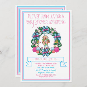 Cute Pink Blue Nutcracker Wreath Baby Shower Invitation