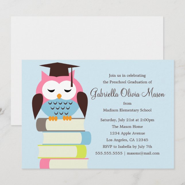 Cute Pink/Blue Owl | Graduation Party Invite (Front/Back)