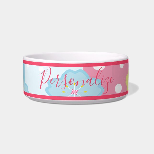 Cute Pink Blue Pastel Design Personalized Dog Cat Bowl (Front)