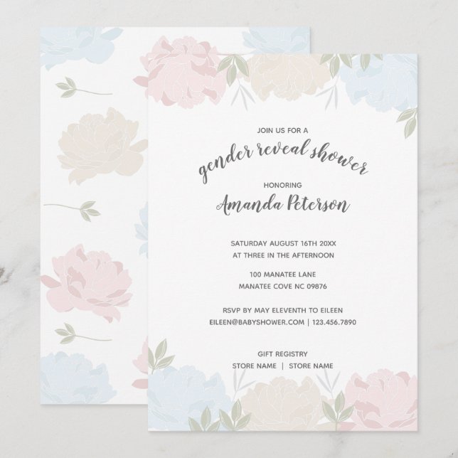 Cute Pink & Blue Peonies Gender Reveal Invitation (Front/Back)