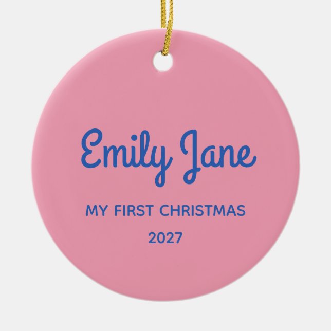 Cute Pink Blue Personalized Photo First Christmas Ceramic Ornament (Front)