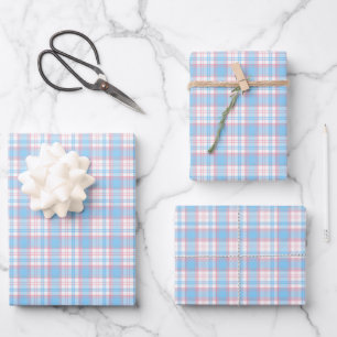 Cute pink blue plaid gender reveal party wrapping paper sheets