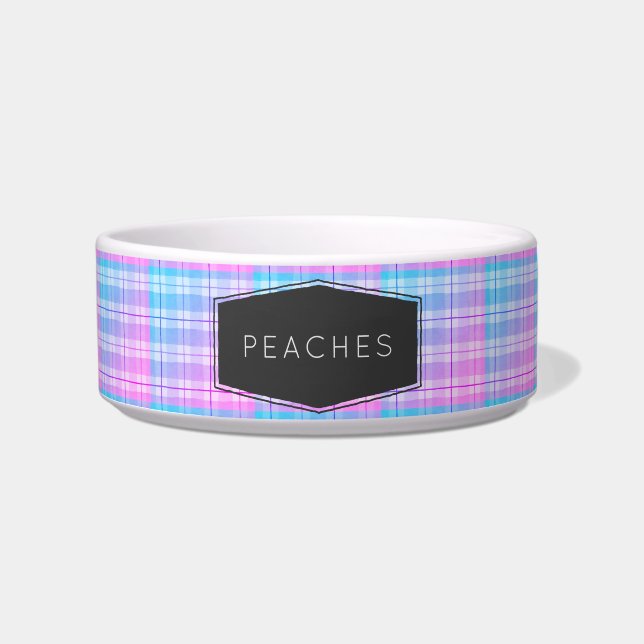 Cute Pink Blue Plaid Personalized Pet Bowl (Front)