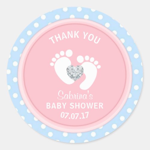 Cute Pink Blue Polka Dot Baby Shower Gender Reveal Classic Round Sticker