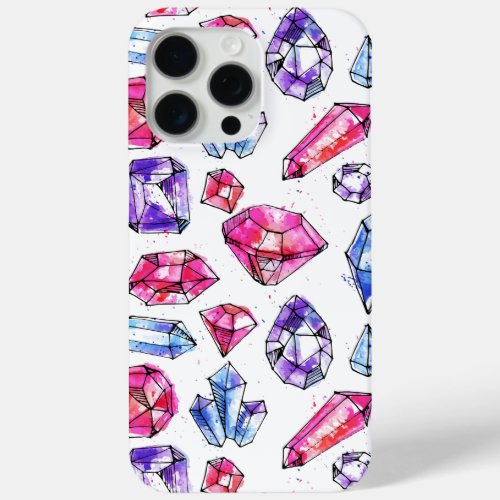 Cute Pink Blue Purple Gemstone Crystal Pattern iPhone 15 Pro Max Case