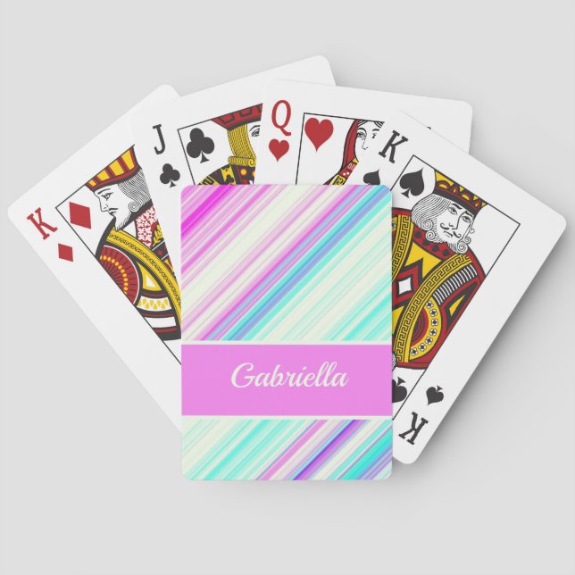 Cute Pink Blue Purple Stripes Customize Name Poker Cards (Back)