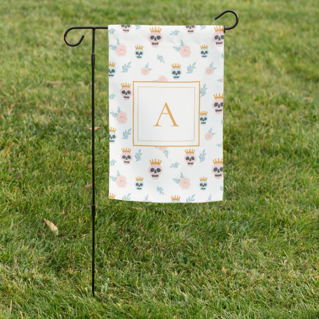 Cute Pink Blue Skull Pattern Monogram Halloween Garden Flag (In SItu)