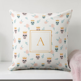 Cute Pink Blue Skull Pattern Monogram Halloween Throw Pillow