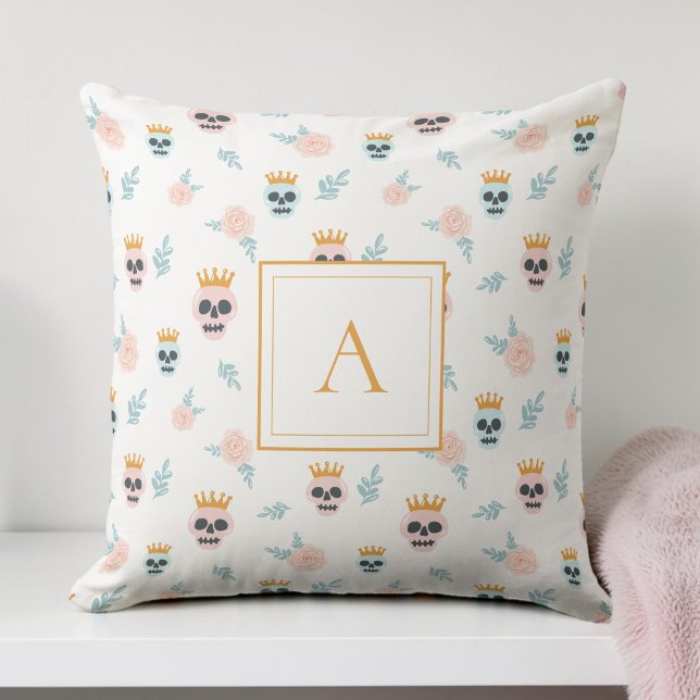 Cute Pink Blue Skull Pattern Monogram Halloween Throw Pillow (Cute Pink Blue Skull Pattern Monogram Halloween Throw Pillow)