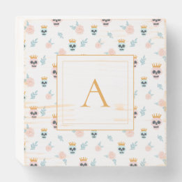 Cute Pink Blue Skull Pattern Monogram Halloween Wooden Box Sign