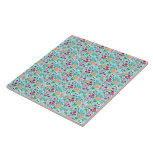 Cute Pink & Blue Small Floral Mint Design Ceramic Tile