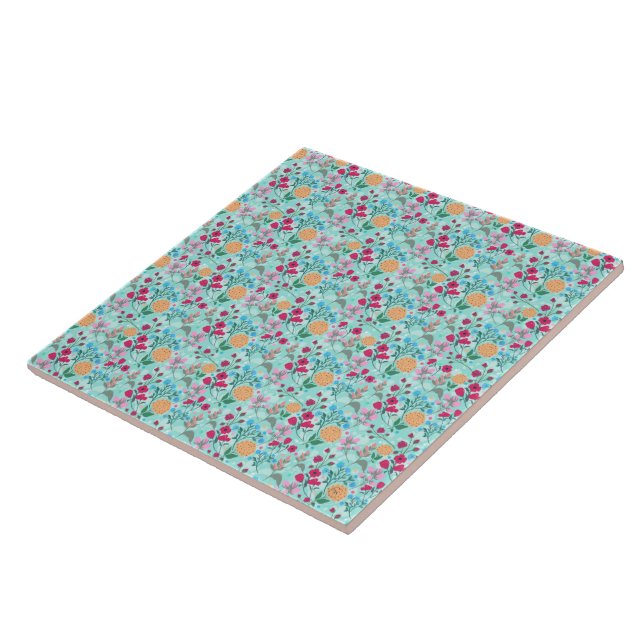 Cute Pink & Blue Small Floral Mint Design Ceramic Tile (Side)
