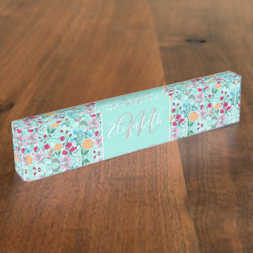Cute Pink  Blue Small Floral Mint Design Desk Name Plate