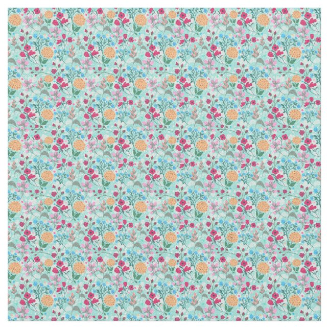 Cute Pink & Blue Small Floral Mint Design Fabric (Close Up)